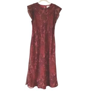 Adrianna Papell Floral Silk Midi Dress Burgundy Pink Cap Sleeve Women's Size 16
